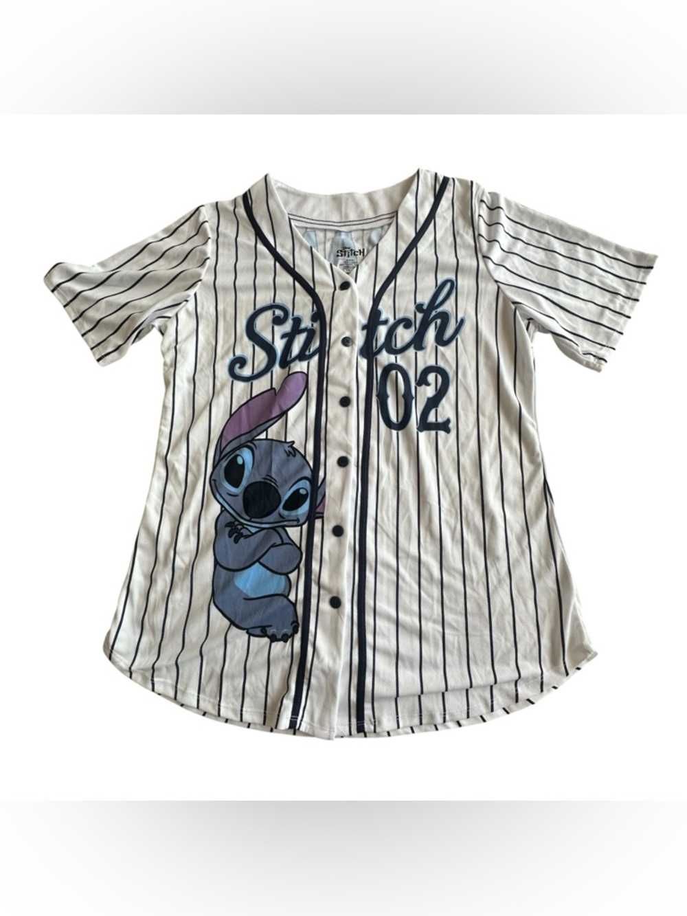 Disney‎ Stitch Baseball Jersey XXL White Pinstripe Ohana Means Family 02